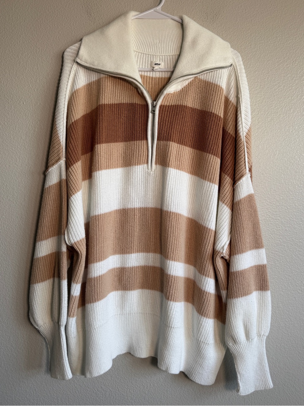 Aerie Oversized Striped Sweater in Beige, Brown & Cream - L